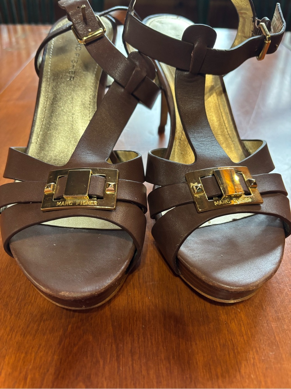 Marc Fisher Brown Leather Gold-Buckle T-Strap Heels